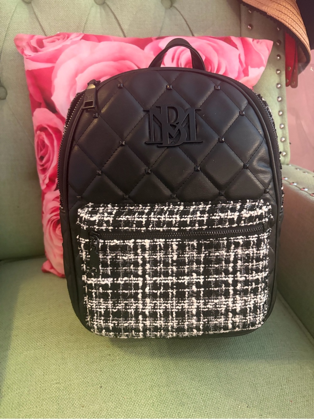 Badgley Mischka Black Quilted Backpack with Black-and-White Tweed Pocket - Picture 1 of 7
